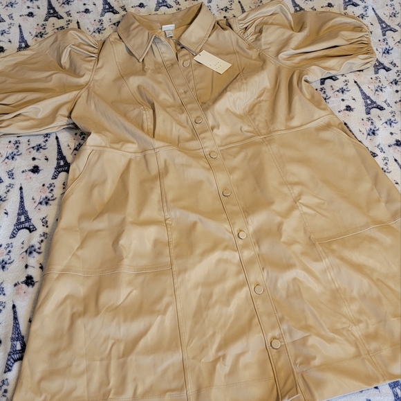 🎉Women's Puff Sleeve Faux Leather A-Line Dress Beige🎉 - Picture 2 of 7
